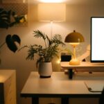 Mesa de trabalho iluminada com luminária retrô, planta decorativa e monitor, em ambiente acolhedor e organizado para home office.
