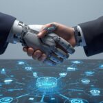 Aperto de mãos entre humano e robô simboliza a evolução do trabalho, a integração de IA e a necessidade de domínio das ferramentas no mercado profissional.