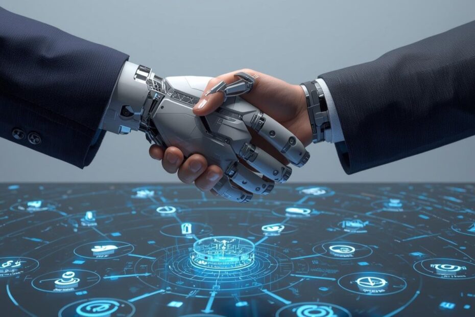 Aperto de mãos entre humano e robô simboliza a evolução do trabalho, a integração de IA e a necessidade de domínio das ferramentas no mercado profissional.