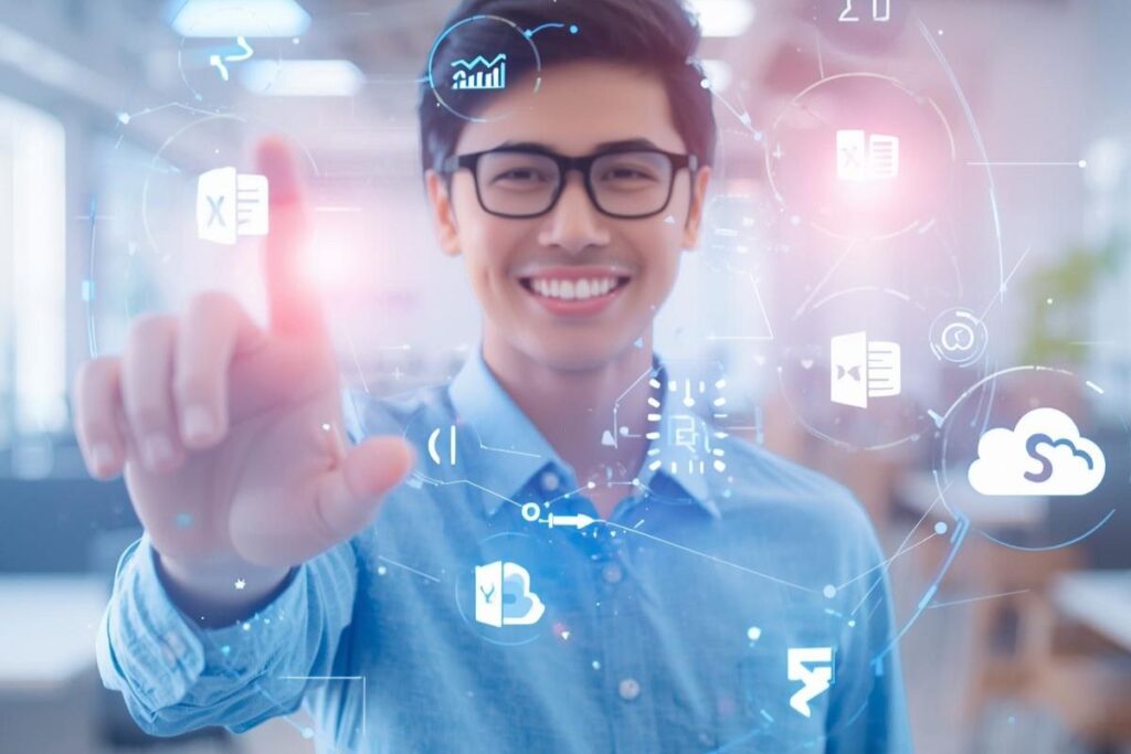 Profissional jovem sorrindo, interagindo com ícones de software e nuvem, ilustrando o domínio das ferramentas digitais essenciais no mercado de trabalho.