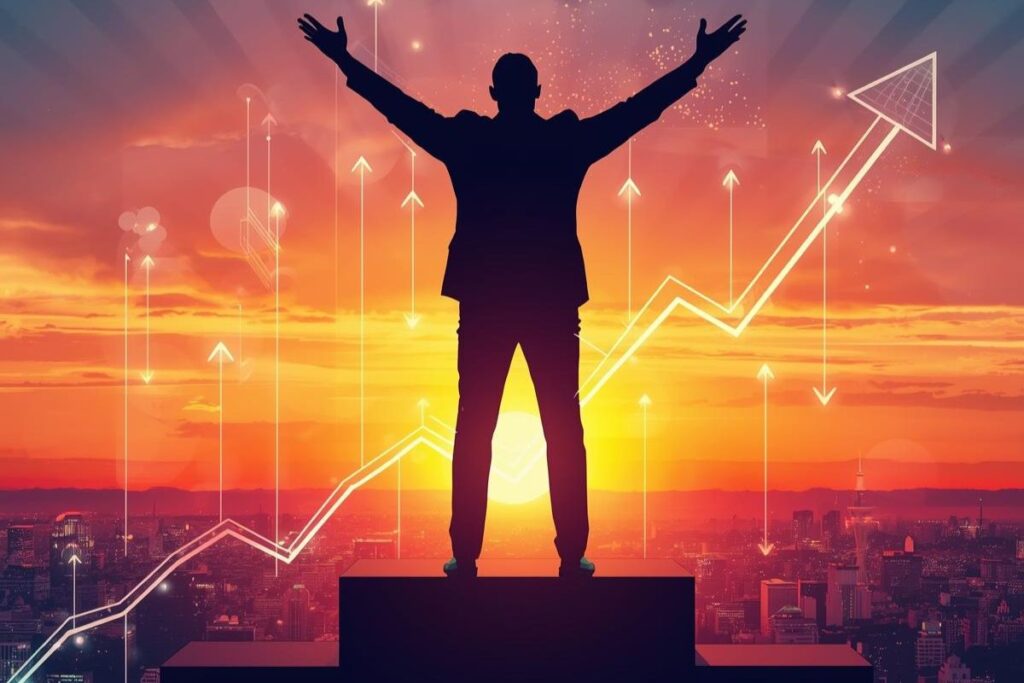 Silhueta de profissional em pódio ao pôr do sol, representando o sucesso e o crescimento no mercado profissional impulsionado pelo domínio das ferramentas.