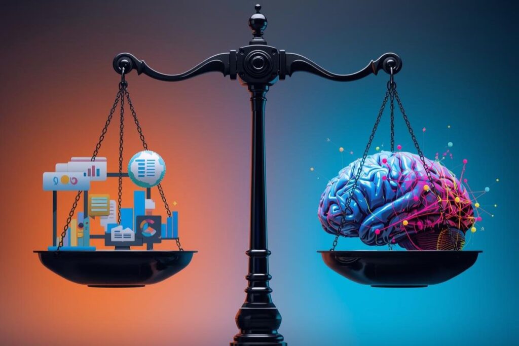 Balança equilibrando Soft Skills (cérebro) e Hard Skills (gráficos digitais e ícones) no ambiente de trabalho competitivo.